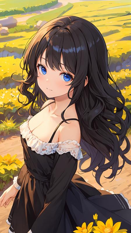 (masterpiece:1.4),(best quality:1.4), looking at viewer, 1girl, bright skin, (shiny skin:1.2), curious face,natural wavy, black hair, cowboy shot, fringe,
black dress, top view, outdoors,