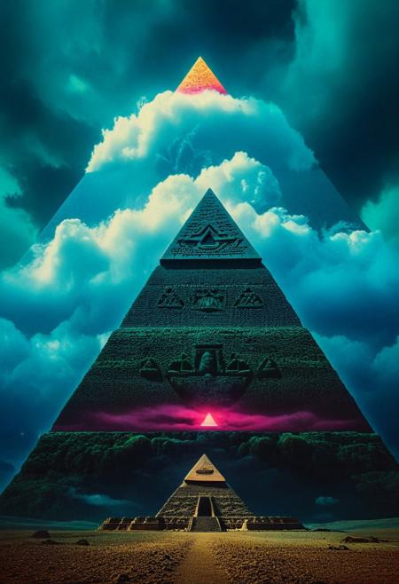 mountain, surreal, dark and moody , bright colored all seeing eye pyramid made of novuschroma51 style, film grain, high quality, dramatic ,poster, horror story style,  (clouds at the base of the pyramid)