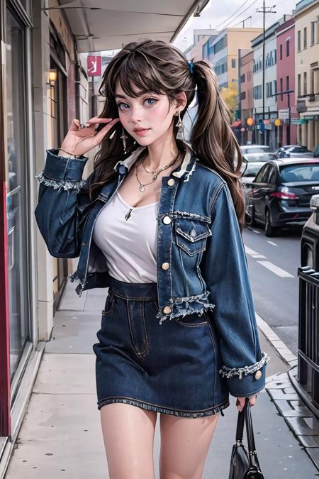 Common,denim jacket,jewelry,denim skirt,denim,earrings,blue jacket,blue skirt,sleeves past wrists,long sleeves,white shirt,necklace