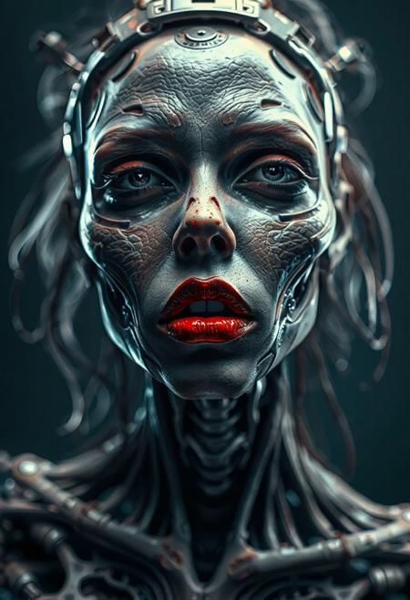 (highres, masterpiece:1.3), SHARP, CRU, HDR, 32K, ultra detailed, realistic, intricated, full body picture of a gorgeous biomechanical zombie realistic woman, red lips, highly detailed and textured, dutch angle, very realistic and impressive, fantastic dramatic color.
