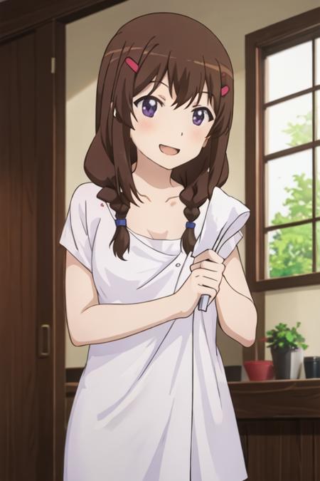 best quality, masterpiece, highres, solo, {fujimiya_konomi_nonnonbiyori:1.15}, brown_hair, hair_ornament, hairclip, long_hair, purple_eyes, braid, smile, blush, 1girl, anime_coloring, collarbone, bangs, hair_down, looking_at_viewer, open_mouth, towel, towel_around_neck