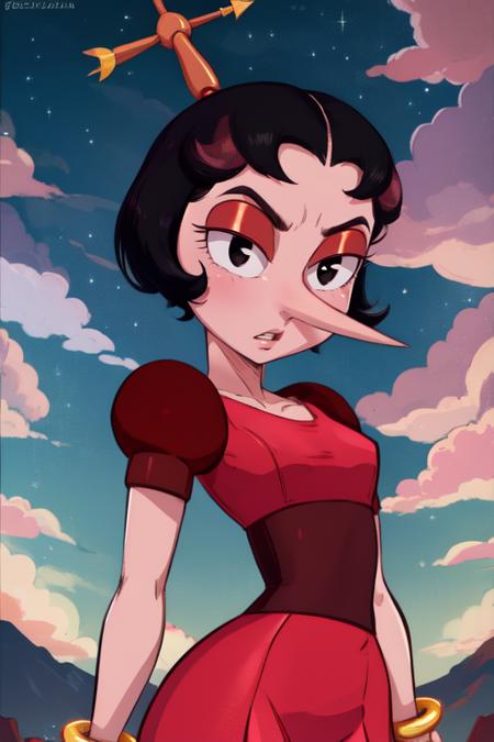 hilda, black hair, short hair,  black eyes,  pink skin, pointy nose, 
red dress, gold  bangle,  head hair ornament, 
standing, 
 nighttime, cloud, 
(insanely detailed, beautiful detailed face, masterpiece, best quality)
 <lora:hildaberg-10:0.8>