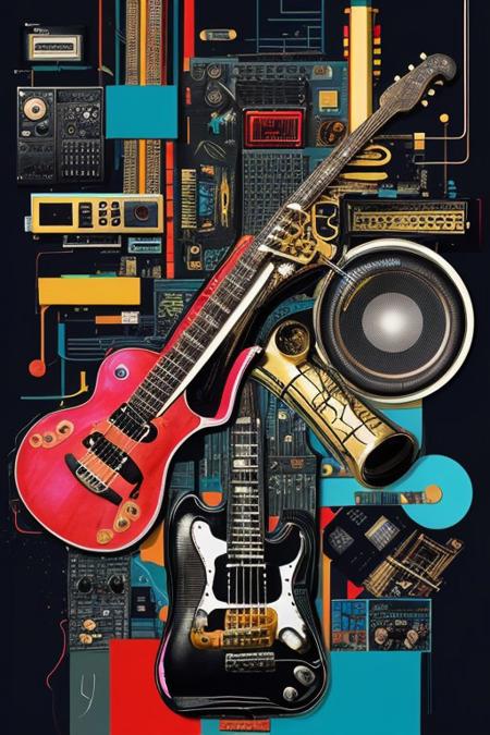 Create a striking abstract collage using vibrant cutout images of musical instruments. Blend them together in an unusual way with glitch effects.