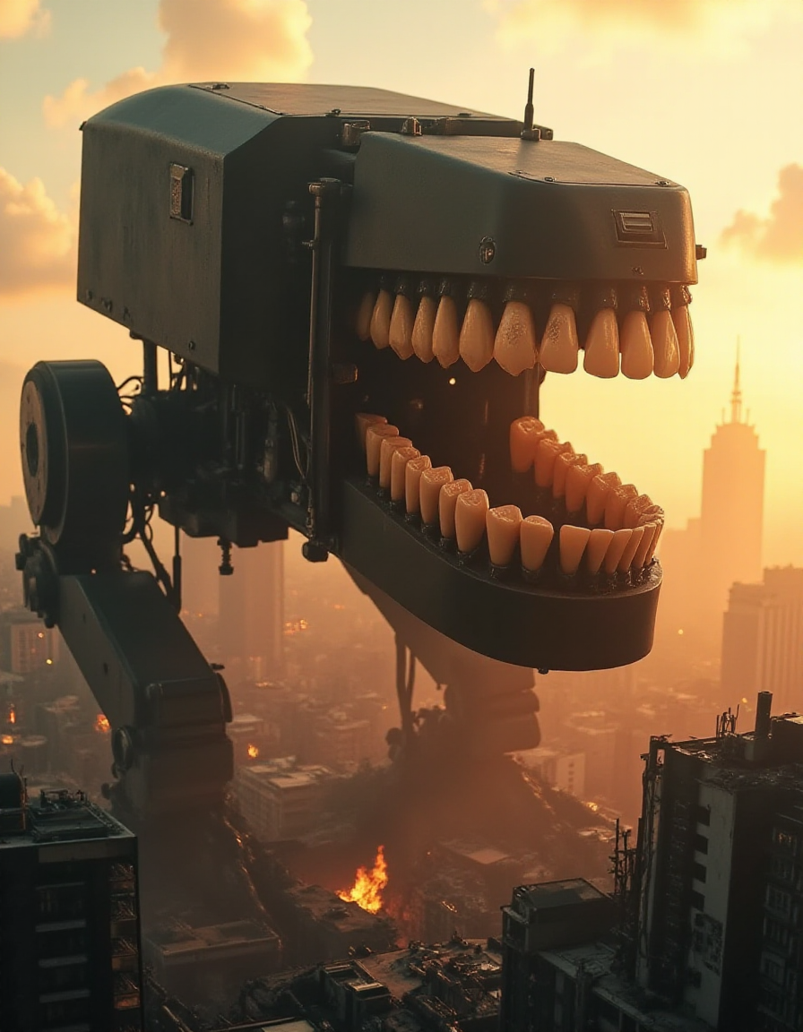 A enormous bi-pedal robot with a large, menacing mouth filled with white human-like teeth. The background features a ruined, dystopian cityscape with tall, dark buildings and a setting or rising sun casting a dusty, orange glow over the scene. 