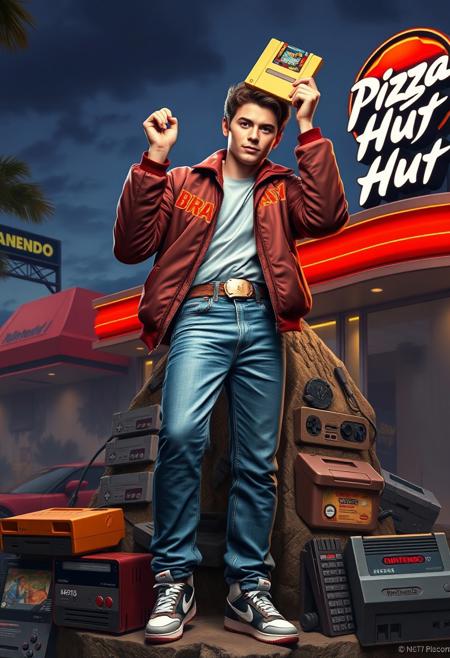 realistic, good definition, perfect face, good proportions, A young man with a marty mcfly jacket with a sega control belt jeans and nike tenis  raisign a nintendo golden cartridge over a mountain made with old videogames cartidges and videogame consoles in front of a pizza hut