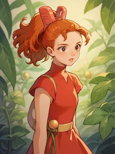 arrietty, 1girl, orange hair, solo, ponytail, red dress, brown eyes, minigirl,