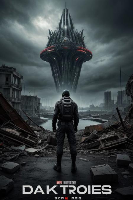 score_9, score_8_up, score_7_up, movie poster,
Title of the film in large letters in the center of the poster, striking image of an alien spacecraft in the background, towering over a city in ruins. 3 heroes In the foreground, Captain Elena Rodriguez, Commander Li Wei, and Sergeant Malik Ahmed, looking determinedly towards the horizon, A dark and menacing atmosphere prevails, black and gray tones, <lora:more_details:0.5>