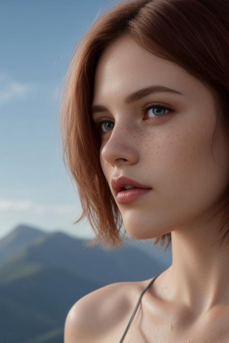 epiCRealism, an outdoor  professional photography of an irish girl with wispy medium length haircut and bold red hair, waist up shot, from below, loose light blue silk camisole with thin straps, light gray eyes, plump glossy wet healthy lips, mouth parted sexily, thin eyebrows, small nose with freckles, petite, slender, fit, perky small breasts, high wind ,vibrant colors, insanely detailed, hyper detailed,  cinematic lighting, high quality, realistic textured skin and skin details,  detailed pupils, cute, highly detailed, RAW photo,  skin pores, skin fuzz,  subsurface scattering, she is provocative and alluring, located on windy mountaintop
