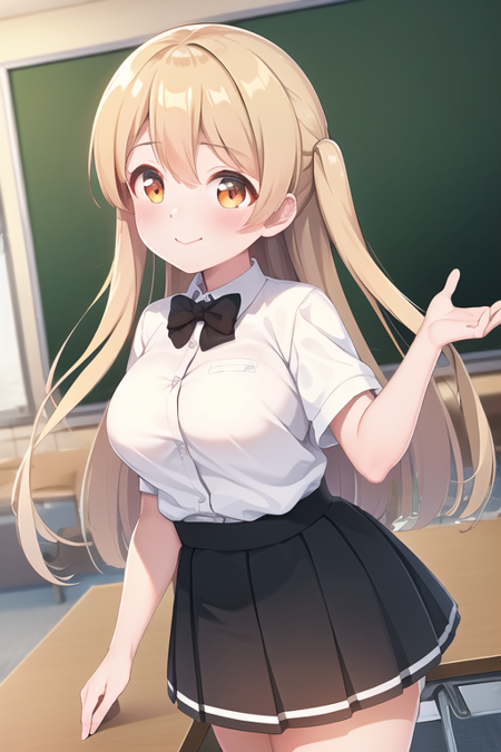 (masterpiece), (high quality:1.4, best quality:1.4), cowboy shot, classroom, 1girl, blonde hair, orange eyes, closed mouth, school uniform, white shirt, collared shirt, black bowtie, medium breasts, plaid skirt, pleated skirt, minagi koharu