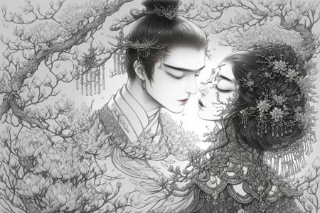 gufeng, monochrome, hair ornament, flower, closed eyes, 1girl, greyscale, 1boy, eyelashes, traditional media, hair flower, profile, couple, multiple girls, <lora:gufeng-000014:1>