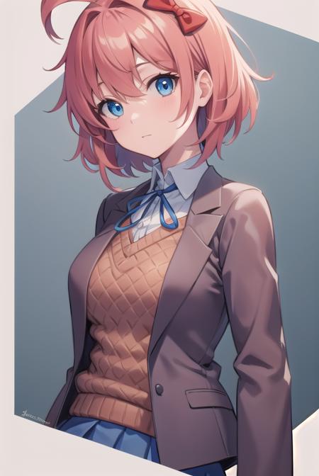 ddlcsayori, <lora:ddlcsayoritest:1>,
ddlcsayori, blue eyes, hair between eyes, hair bow, hair ornament, pink hair, red bow, short hair,
BREAK blue skirt, pleated skirt, school uniform, skirt, brown jacket, jacket,
BREAK looking at viewer,
BREAK indoors, classroom,
BREAK <lora:GoodHands-vanilla:1>, (masterpiece:1.2), best quality, high resolution, unity 8k wallpaper, (illustration:0.8), (beautiful detailed eyes:1.6), extremely detailed face, perfect lighting, extremely detailed CG, (perfect hands, perfect anatomy),