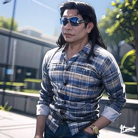 realistic, solo, <lora:ralro_v2+ruru-000021:0.8> (1boy), sunglasses, male focus, (ralo:1.3), long hair, parted bangs, cowboy shot