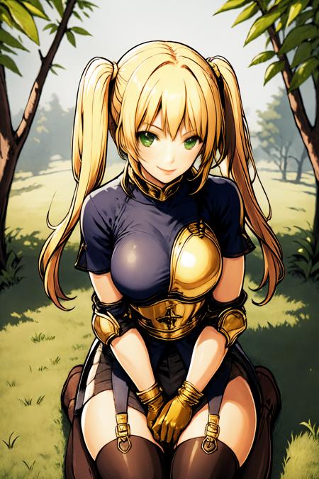 archerRo, armor, boots, gloves, thighhighs, golden ring, golden  armor, golden collar,
1girl, blonde hair, green eyes, twintails,
looking at viewer, smile, kneeing, on knee, from above, pov from above,
sitting, sitting on grass, chair, arm support,
outdoor, grass floor, junggle, large jungle, rain jungle, pool, large tree,
 <lora:archerRO_V1.4:0.8>