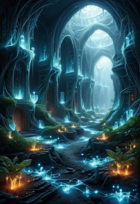 steel-vine monastery with nanite-swarm light sources, Industrial carbon-fiber grids, diamond-ice galleries in crystal-mesa badlands, Psionic mind-hive hives style,Landscape Biomechanical Baroque, atmospheric effects
