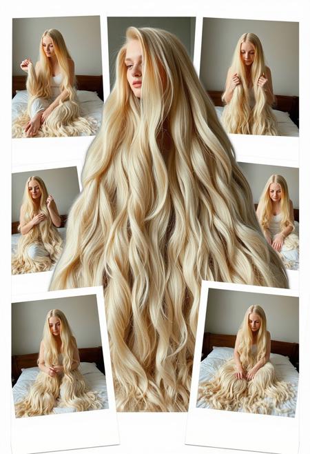 montage of several poloroids cut and pasted together. Photos are in many poses and the actions of of a young woman with extremely long, thick, voluminous, light-colored hair, that is many times longer than they are tall. She is in a big bed and even if she spreads out she is does not need clothing since her hair covers their arms, legs, shoulders, head, face, feet, and waist completely. She lifts armloads of very long hair. the longest hair ever seen covers her bed and there is lots of long hair on the ground. She loves her excessive fuzzy, furry, voluminous, gigantic excessive amount of hair.