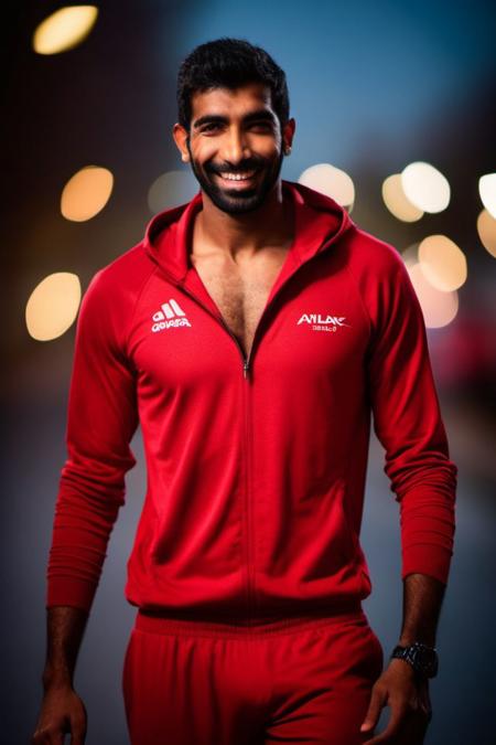 Sendhil Ramamurthy a man <lora:Jasprit-Bumrah_Sendhil-Ramamurthy:0.8>, realistic photo in a worn ((skin-revealing skimpy erotic red tracksuit, massive hairy pecs)), big pecs, big arms, bulge, VPL, ((light bokeh)), intricate, (steel metal [rust]), elegant, erotic, exuding sexual energy, homoerotic, sharp focus, photo by greg rutkowski, soft lighting, vibrant colors, (masterpiece), ((streets)), (detailed face), looking at viewer, light smile, night, walking towards viewer, cinematic lighting, beautiful lighting, cinematic lighting, (hazy filter, film grain:1.2)