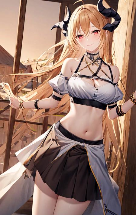 1girl, ahoge, armlet, bangle, bangs, bare_shoulders, black_skirt, blonde_hair, bracelet, breasts, cleavage, closed_mouth, clothes_lift, cowboy_shot, crop_top, eyebrows_visible_through_hair, floating_hair, hair_between_eyes, horns, indoors, jewelry, lifted_by_self, long_hair, long_skirt, looking_at_viewer, medium_breasts, midriff, navel, necklace, puffy_short_sleeves, puffy_sleeves, red_eyes, shirt, short_sleeves, sidelocks, skirt, skirt_hold, skirt_lift, smile, solo, standing, stomach, sunlight, thighs, white_shirt, wristband <lora:style_Pale:1>