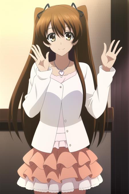 (masterpiece), high quality, highly detailed background, 1girl, solo,
<lora:WA2-Setsuno-v1-06:0.7>, ChopioSetsuno, looking at viewer,
brown hair, long hair, twintails, two side up, hair ribbon, brown eyes,
outfit_3, heart necklace, white blouse, pink skirt, layered skirt, frilled skirt
standing, smile, waving,