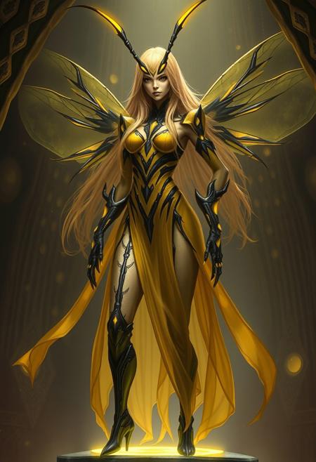 (masterpiece, best quality), Vesperia from Primal Hunter, humanoid vespernat queen, tall and commanding female form, approximately 2.3 meters tall, long flowing golden hair, black eyes with radiant yellow irises, short black antennae with slightly yellow glow at the tips rising from her forehead, sheer wasp-stripe dress in alternating translucent yellow and black, dress flowing elegantly around her limbs, chitinous yellow-and-black accents peeking through the fabric like armor, regal and alien beauty, lean muscular proportions with insectoid undertones, high fantasy science fiction setting, standing on a raised bioluminescent platform in her hive, dignified, elegant yet unnerving presence, aura of psionic command, digital painting, highly detailed concept art, fantasy xenoqueen, by greg rutkowski and wlop