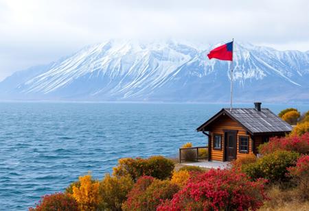 snow covered mountain ending in choppy sea, edge of land covered by fruit trees of various colors and a small brown cabin flying a red and blue flag.