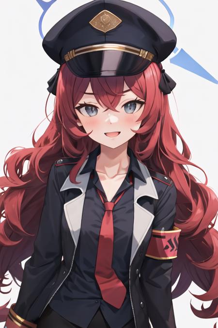 best quality, masterpiece, highres, solo, {iroha_bluearchive:1.15}, long_hair, red_hair, halo, bangs, blush, hat, hair_between_eyes, peaked_cap, black_headwear, grey_eyes, military_hat, necktie, red_necktie, smile, very_long_hair, 1girl, armband, black_shirt, collared_shirt, jacket, long_sleeves, looking_at_viewer, military, shirt, simple_background, white_background, military_uniform, uniform, collarbone, open_mouth