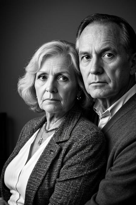 old married couple, 40mm portrait, serious face, black and white