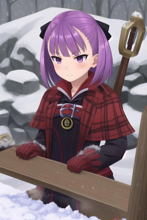 helena blavatsky, purple hair, short hair, (purple eyes:1.1),
winter clothes, snow, blacksmith, smith, hammer, forge, forging, smithing