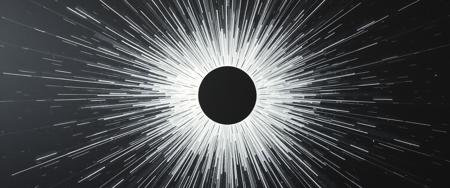 Monochrome abstract painting features a central black sphere intersecting a radial array of jagged luminiferous aether trails. The stark contrast between the void-like black and ethereal greys conjures a sensation of visual entropy. Detailed daguerreotype-like spikes radiate from the nucleus, generating an eerie chiaroscuro effect. This work suggests a collision of celestial bodies, blending minimalism with an esoteric, otherworldly energy.
