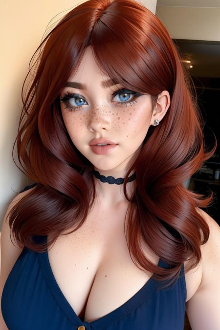 <lora:detail_slider_v4:1>masterpiece, high quality,   <lora:r3tr0r3dd0ll:0.75> r3tr0r3dd0ll, 1girl,long hair,blue eyes,dark red hair,wavy hair,parted bangs, freckles,  <lora:age_slider_v6:1>