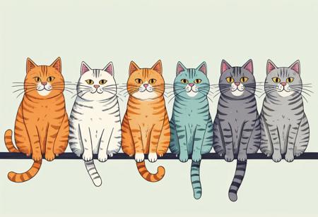 multi cats sit on a line, cry for joys, text saying "any Buzz",simple-background, detailed