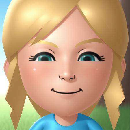 wii, mii, wii sports, 1girl, female mii, green eyes, blonde hair, blonde eyebrows, blush, cyan clothing, white pants, shoes, nintendo mii, modern_mii, classic_mii, breasts, olga_(wii_sports), cute