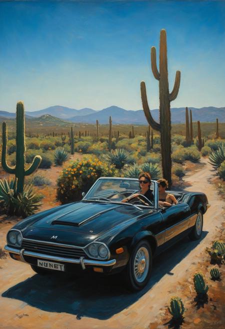 a woman wearing black outlandish fashion doing yoga in convertible car, blue sky, cactus, sfw, Warrior Ⅱ,
deep shadows enhancing mysterious atmosphere, long shot, dim light, (oil painting:1.5), (by Wassily Kandinsky :0.7), (by Claude Monet :1.7), (by Jackson Pollock:0.7) directional lighting, masterpiece, perfect composition, abstract glitch, long shot, masterpiece,best quality,very aesthetic, absurdres, from side,