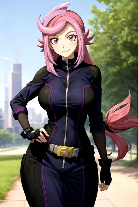 masterpiece,  best quality,  best aesthetic,  anime,  ultra detailed,  outdoors,  city,  park,  trees,  1girl,  (emma_bessho:1.2),  (pink hair,  purple hair:1.2),  pink eyes,  low-tied long hair,  (large breasts:1.2),  (wide hips:1.2),  (purple bodysuit:1.2),  (long sleeves:1.2),  pants,  (black gloves,  fingerless gloves:1.2),  (standing,  cowboy_shot:1.2),  hand on hip,  (smile,  closed mouth:1.2)