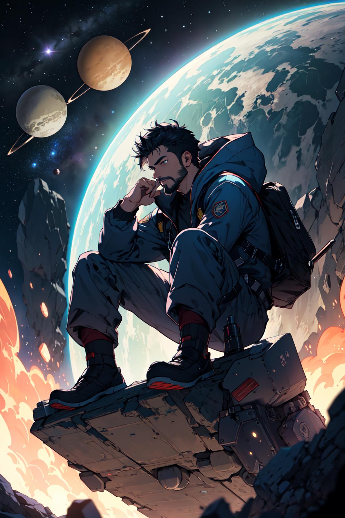 Draw a young programmer, sitting on a research platform floating in the middle of an asteroid belt. He is studying with a ...