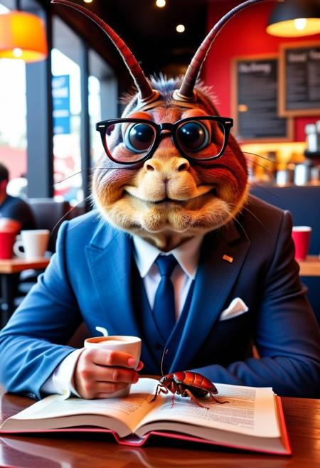 FLUX.1 cinematic style, a stylish and dapper cockroach wearing eyeglasses while reading a book and sipping coffee in a cafe, instagram photo,