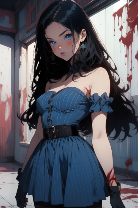 k4t4r1n4, 1girl, white dress in some room with blood splattered all over the walls and a toilet, black hair, blue eyes, solo, long hair, thighhighs, fishnets, blush