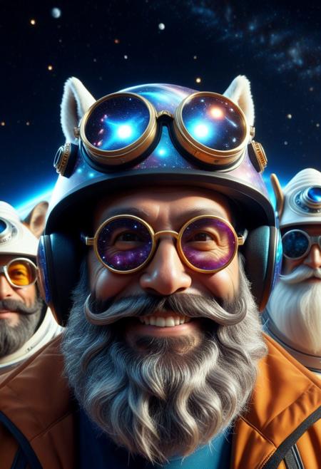 (made of CosmicStyle:1.3), extreme closeup uncle face made of CosmicStyle, smile, wear round goggles made of CosmicStyle, Voluminous beard made of CosmicStyle, wear animal ears helmet, pointing at viewer, in space city, (surround by multiple uncle faces:1.2), cinematic, cinematic lighting, (masterpiece, best quality:1.4), ultra-high res, 4k, Photorealistic, insanely detailed, sfw,