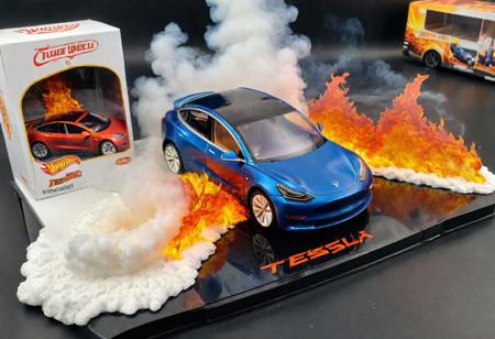 Hot Wheels toy car company have made a toy car version of a Tesla Model 3, The toy telsa model 3 car comes in a mini display unit/box. The car is exploding into fire and flames, white smoke fills the top of the display box, (realistic explosion from car), (realistic Flames bellow from the car windows inside the display unit),  (standing next to the car is a little palstic toy man, he holds both arms in the air, 