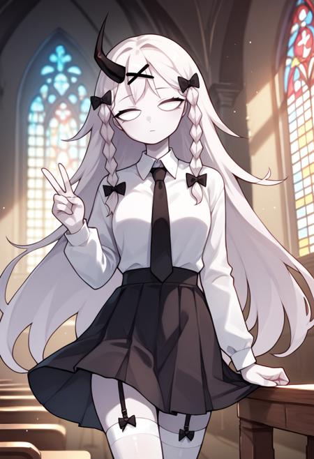 rasazyfnf chibi single horn, white eyes, no pupils, long hair, white hair, white skin, twin braids, x hair ornament, hair bow grey jacket, hood, long sleeves, cyan lines, black skirt, white thighhighs, bow, black garter straps, black footwear, shoes