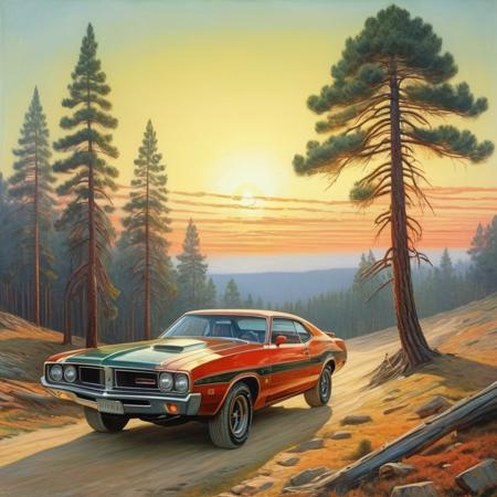 cliff,a painting, gradient sky,pine tree,rural,sun, <lora:Vasily Vereshchagin Style:1>, Vasily Vereshchagin Style, driving muscle car,