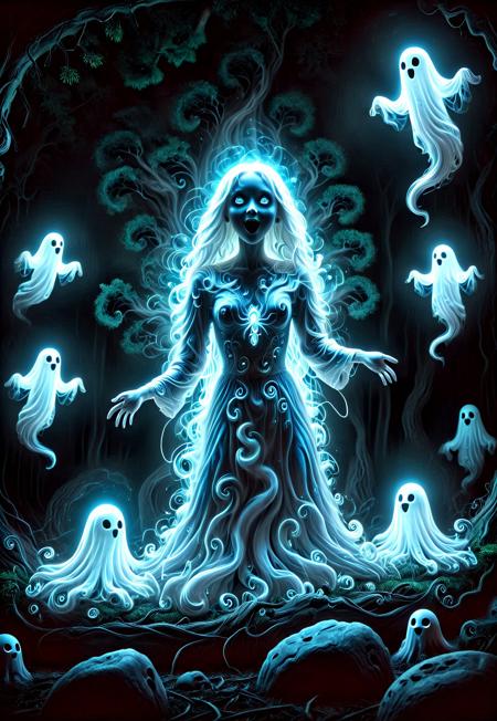 score_9, score_8_up, score_7_up, score_6_up, score_9, score_8_up, score_8, SW1RLYGH0ST, 2girls,
Ethereal glowing 50-year-old made of ghosts woman, nun, floating mid-air in an  *Channel_42* haunted forest at midnight. She has long messy glowing white hair, hauntingly sad light blue glowing eyes, and a crazed, echoing laugh. 18--year-old glowing girl is in front of her, hands tied up to a branch, hanging from upper part of 
bioluminescent tree, glowing and radiant tree, scared face and screaming in fear, full body shot, (((feet not touching the ground, hanging in the air))), 