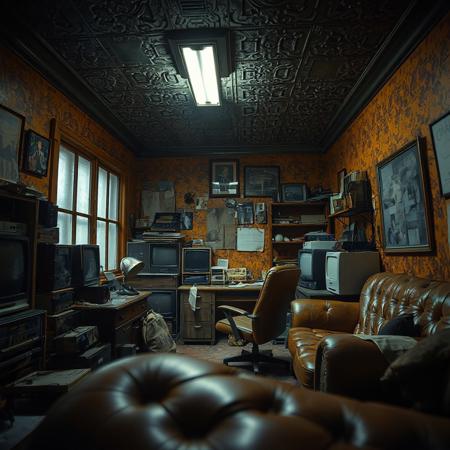 (ANTIQUE, NOSTALGIC, VINTAGE, RETRO THEMED DECOR), (Captured with a Hasselblad wide-format camera with a 85mm Zeiss lens at f/1.8), Sharp Focus. (Dynamic Random Angled Shot), (Layered Foreground), (Fluorescent Lighting) with (Stark Contrasting Shadows), (cluttered detailed home office), [Smoke-Stained Windows], Retro Desk, (weathered leather desk chair, retro sofa), hoarder's paradise, hoarded vintage technology all over, (richly painted bright textured walls, dark embossed ceiling), (Creative Light Source), [Extremely Subtle Glowing Light], ZOOM-OUT,