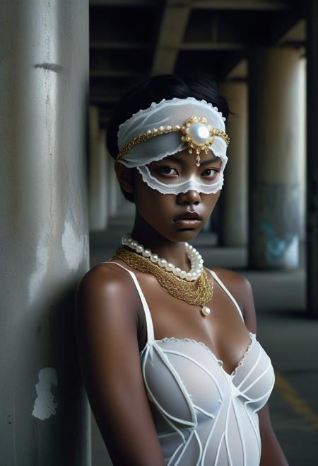 The image is a high-resolution photograph featuring a young Asian woman with a striking, avant-garde aesthetic. She is posed leaning against a rough, textured concrete pillar in a dimly lit, industrial setting, possibly an abandoned or underutilized parking garage. The woman has short, dark hair styled in a messy bob, adorned with a delicate, lace-trimmed white headband. The image is a high-resolution photograph of a woman with a striking, avant-garde aesthetic. She is a person of color with a medium-dark skin tone, likely of African or mixed ethnicity. She has a strong, athletic build with a prominent bust, suggesting she may be of African descent. Her eyes are obscured by a intricate, ornate headpiece that covers her face, adorned with gold chains, pearls, and a central, large, white pearl. The image is a high-resolution photograph featuring a striking, surreal portrait of a person with an otherworldly aesthetic. The subject is a person with dark skin, dressed in an outfit that appears to be made of iridescent, glowing material. The fabric has a texture reminiscent of a jellyfish or sea creature, with large, translucent, flower-like structures that emit a soft, ethereal light.