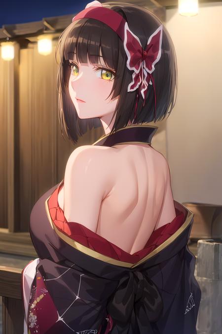 (masterpiece:1.2, best quality), (finely detailed beautiful eyes: 1.2), (extremely detailed CG unity 8k wallpaper, masterpiece, best quality, ultra-detailed),1girl,   (Over the shoulder shot:1.1), mio,  hairband, japanese clothes,  purple kimono , black gloves, hair bow,spider web print, sash , obi, hair ribbon,  High contrast, (best illumination, an extremely delicate and beautiful),(simple backround, outdoors,  front on),  beautiful detailed glow, (beautiful detailed face, beautiful detailed eyes)