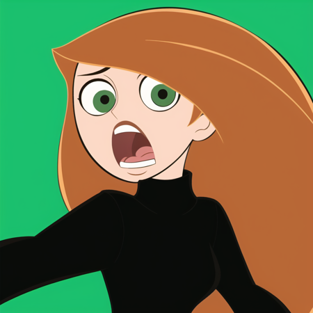 kim possible style, masterpiece, best quality, solo, 1girl, green eyes, long hair, upper body, turtleneck, parody, green background, open mouth, black shirt, <lora:kim_possible_offset:1>