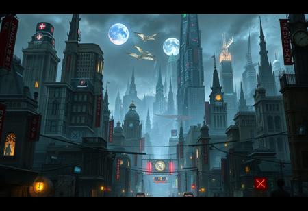 A highly detailed, photorealistic image of an urban fantasy style cityscape