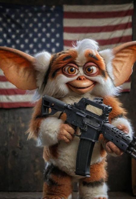 (Xdaffyx:1.3) \(theme\), american flag, holding (ak-47:1.3),  (strabismus:1.3) <lora:Gremlins_2:0.8> ,  amazing quality, masterpiece, best quality, hyper detailed, ultra detailed, UHD,