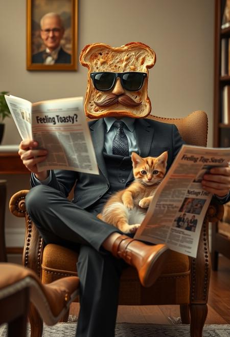 "Create a photorealistic image of a person sitting in a chair, dressed in a business suit, with their legs crossed and holding a newspaper. However, their head is actually just a piece of toast, complete with a mustache and dark aviators drawn on with icing. The toast head should be rendered in exquisite detail, with visible crumbs and texture. The newspaper in their hand should have a headline that reads 'Feeling Toasty?' in bold letters. The person should be sitting in a cozy living room, with a kitten on their lap. The kitten's head should also be a piece of toast, with a face drawn on with icing. The overall effect should be one of playful, whimsical humor, as if the person and kitten are enjoying a relaxing afternoon together." Highest-Quality, 4k, intricate details, visually stunning, Masterpiece