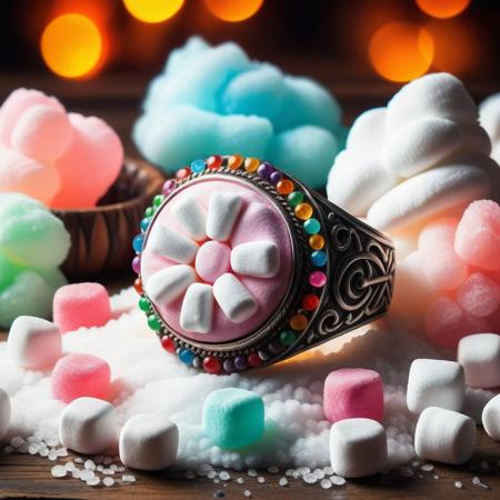 regal silver ring with vibrant candy gemstone, soft glow, surrounded by white fluffy marshmallows, wooden table, cinematic lighting, colorful