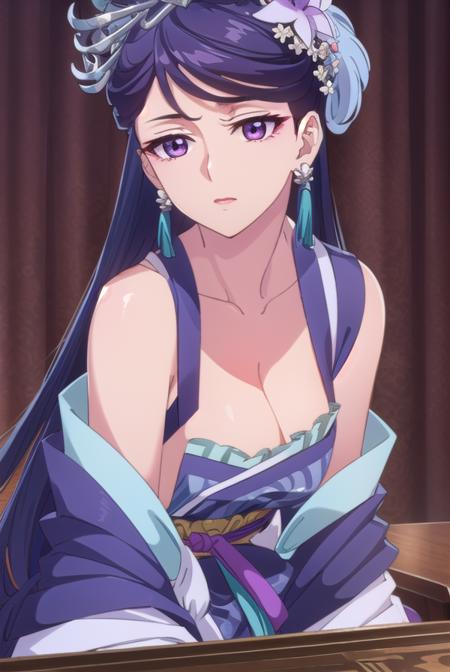 lihua, <lora:lihua s1-lora-nochekaiser:1>,
lihua, long hair, (purple eyes:1.1), purple hair, flower, earrings, hair flower, makeup, lipstick,
BREAK cleavage, jewelry, chinese clothes, hanfu,
BREAK indoors,
BREAK looking at viewer, (cowboy shot:1.5),
BREAK <lyco:GoodHands-beta2:1>, (masterpiece:1.2), best quality, high resolution, unity 8k wallpaper, (illustration:0.8), (beautiful detailed eyes:1.6), extremely detailed face, perfect lighting, extremely detailed CG, (perfect hands, perfect anatomy),